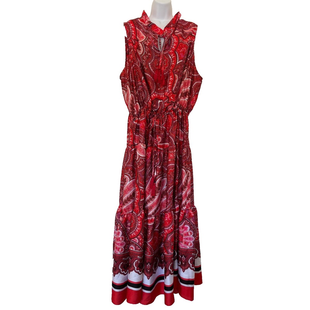 Lauren Ralph Lauren Tiered Maxi Dress 22W Red Paisley Resort Boho Romantic Flowy
